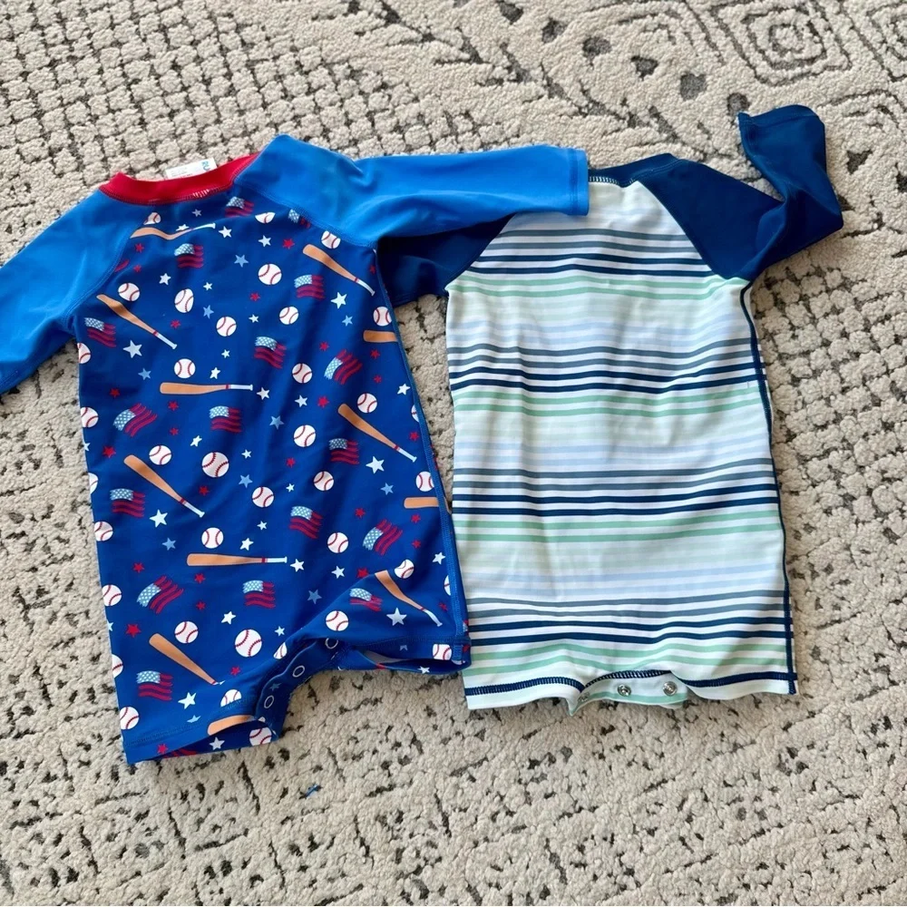Rugged Butts Coastal Stripes and Play Ball Boys Swim Rash Guard Suits